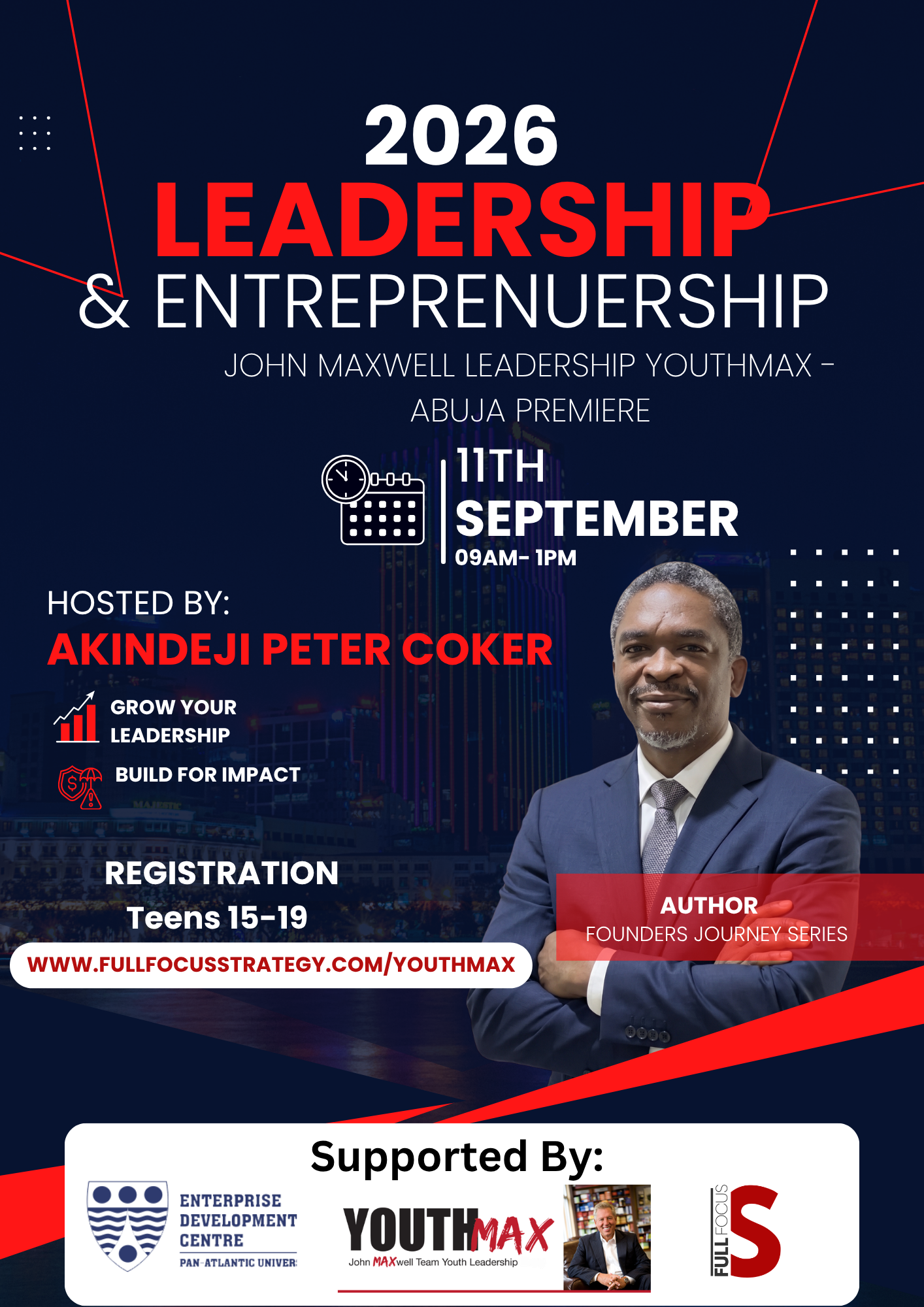 YouthMax Abuja 2026 leadership and entrepreneurship event flyer hosted by Akindeji Peter Coker