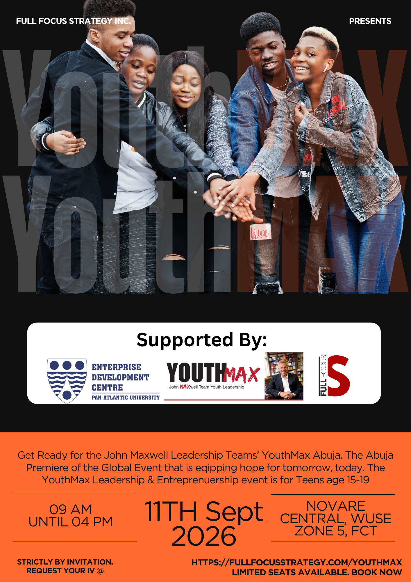 YouthMax Abuja event details flyer: 11 September, 09:00 to 16:00, Novare Central Wuse Zone 5, teens aged 15-19
