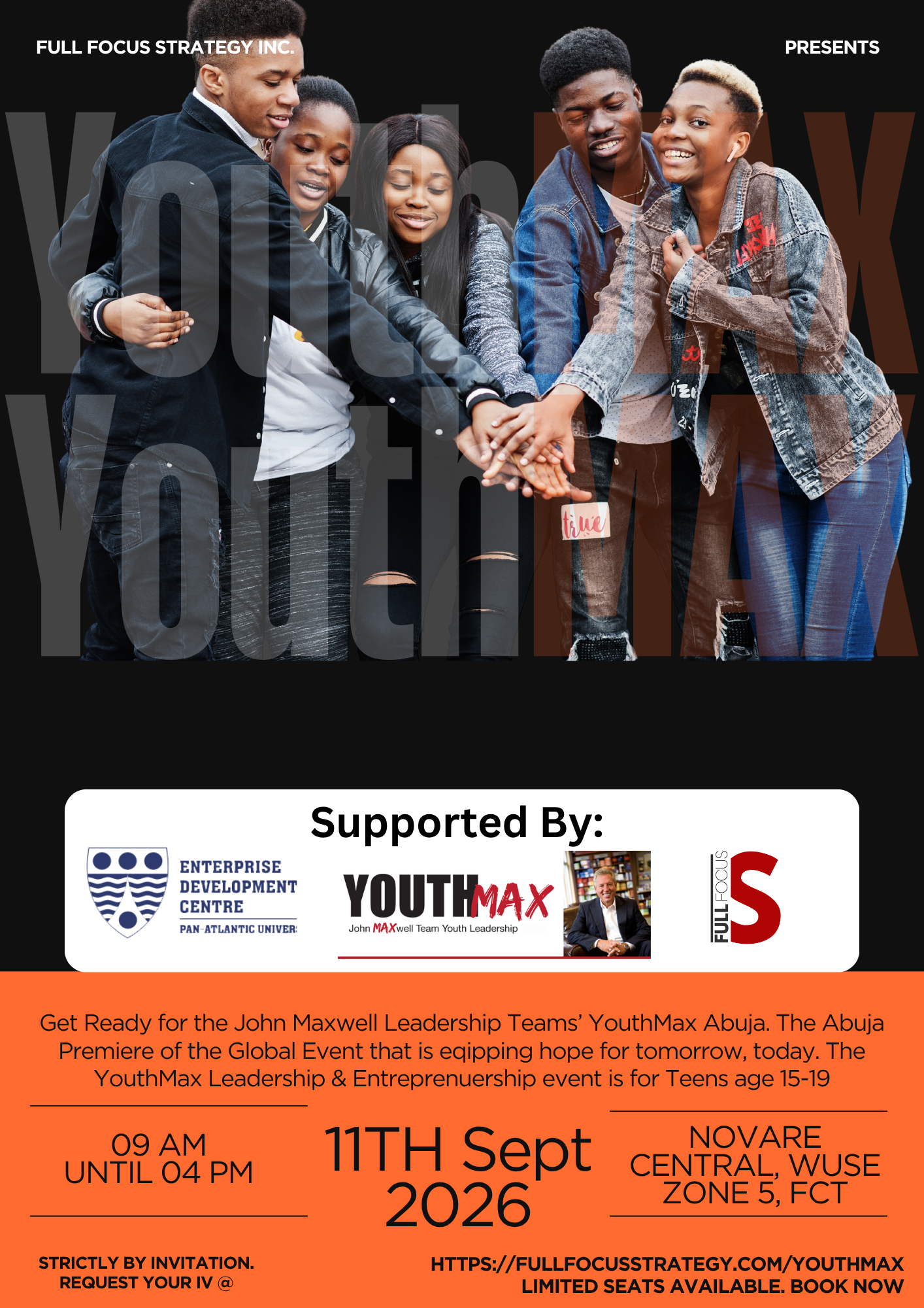 YouthMax Abuja 2026 event details flyer: 11 September, 09:00 to 16:00, Novare Central Wuse Zone 5, teens aged 15-19